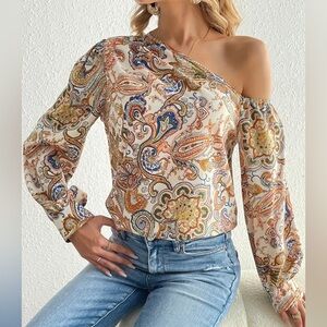 SHEIN Paisley Of the Shoulder Blouse Med Summer Tops,Date Night,Lightweight,Sexy